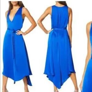 Ramy Brook Larkin Satin Asymmetric Hem Sleeveless Dress in Azul - Size Medium